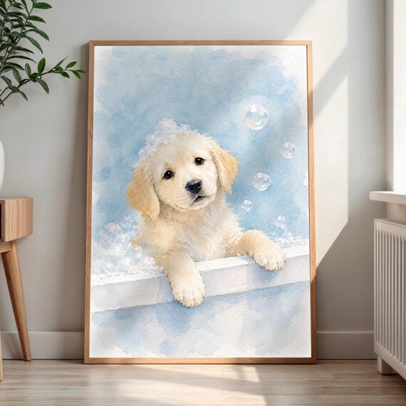 Golden Retriever Puppy Bubble Bath Watercolor Nursery Poster