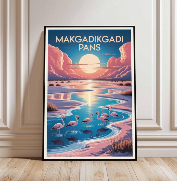 Makgadikgadi Pans Flamingos Sunset Salt Flat Vintage Travel Poster