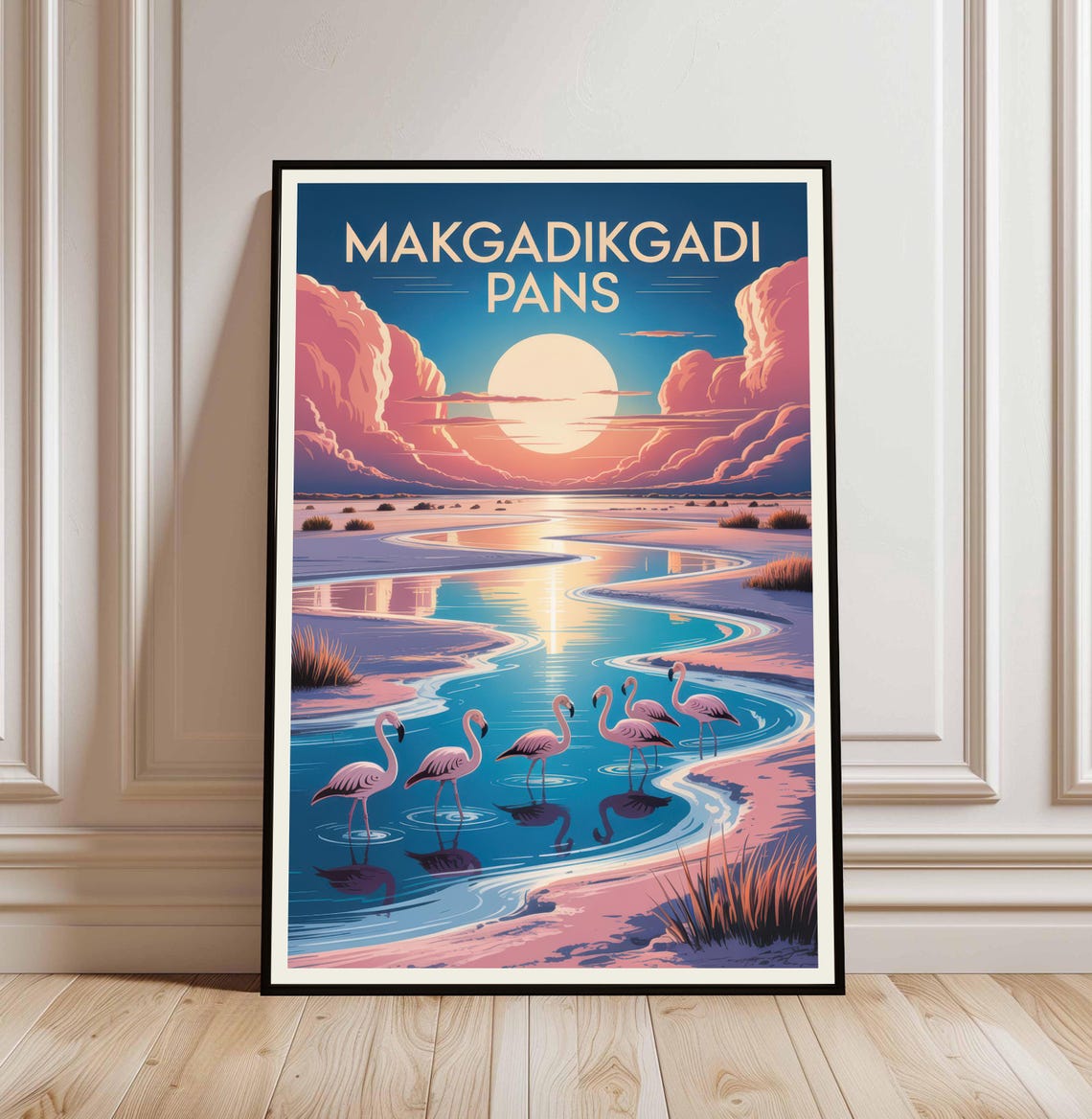 Makgadikgadi Pans Flamingos Sunset Salt Flat Vintage Travel Poster