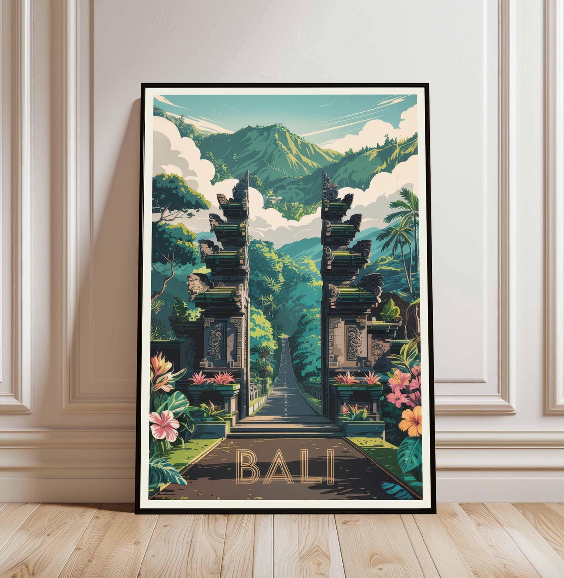 Bali Indonesia Vintage Travel Poster Temple Gate Volcano Jungle
