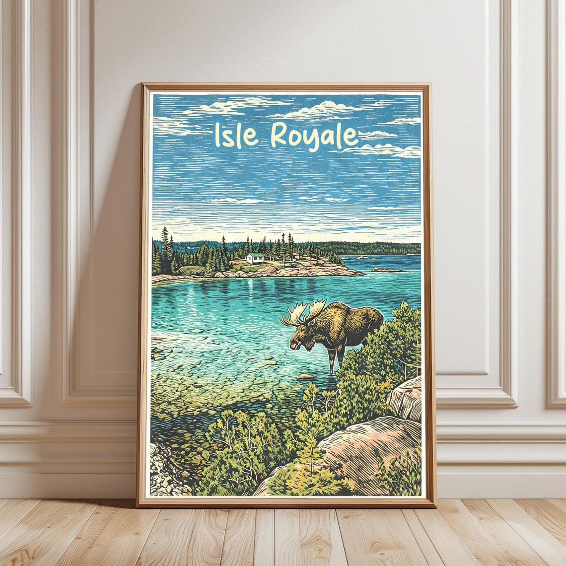Isle Royale National Park Moose Cabin Lake Vintage Travel Poster