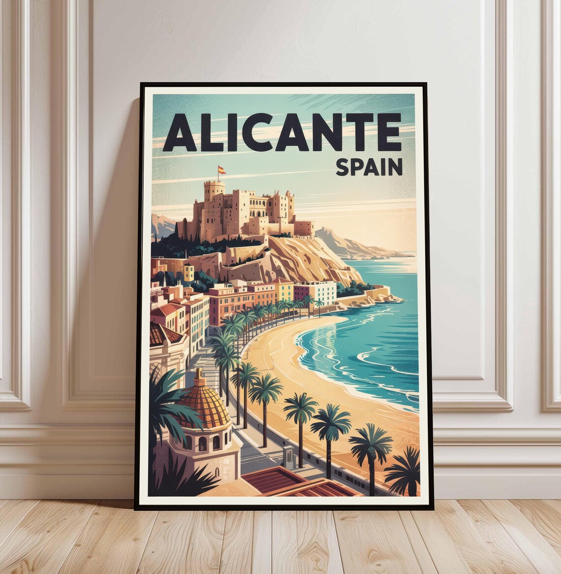 Alicante Spain Castle Beach Promenade Vintage Travel Decorative Poster