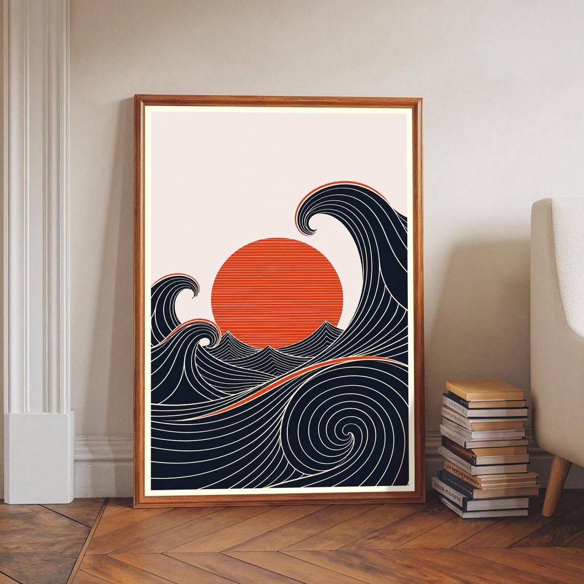 Japanese Wave Print Minimalist Ocean Poster Red Sun Wall Art Japandi Zen Home Decor