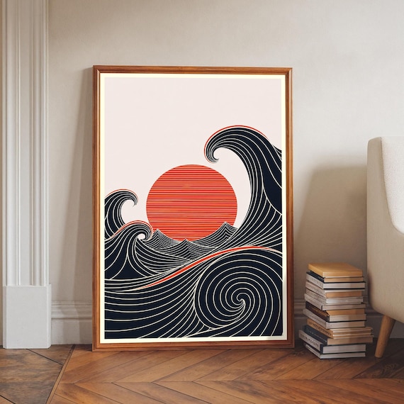 Japanese Wave Print Minimalist Ocean Poster Red Sun Wall Art Japandi Zen Home Decor