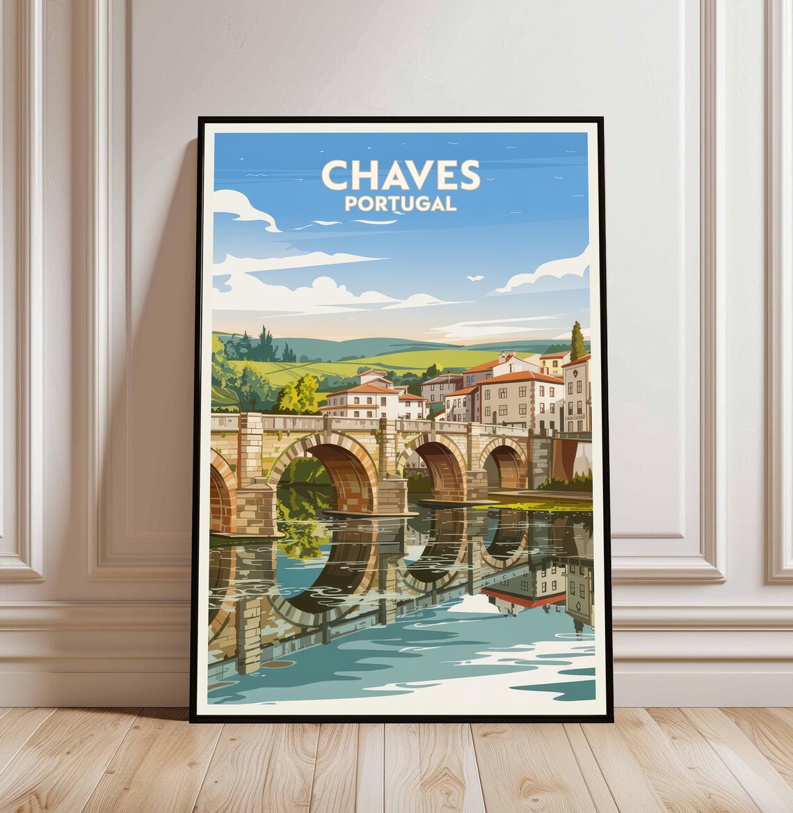 Chaves Portugal Roman Bridge Riverside Old Town Travel Poster