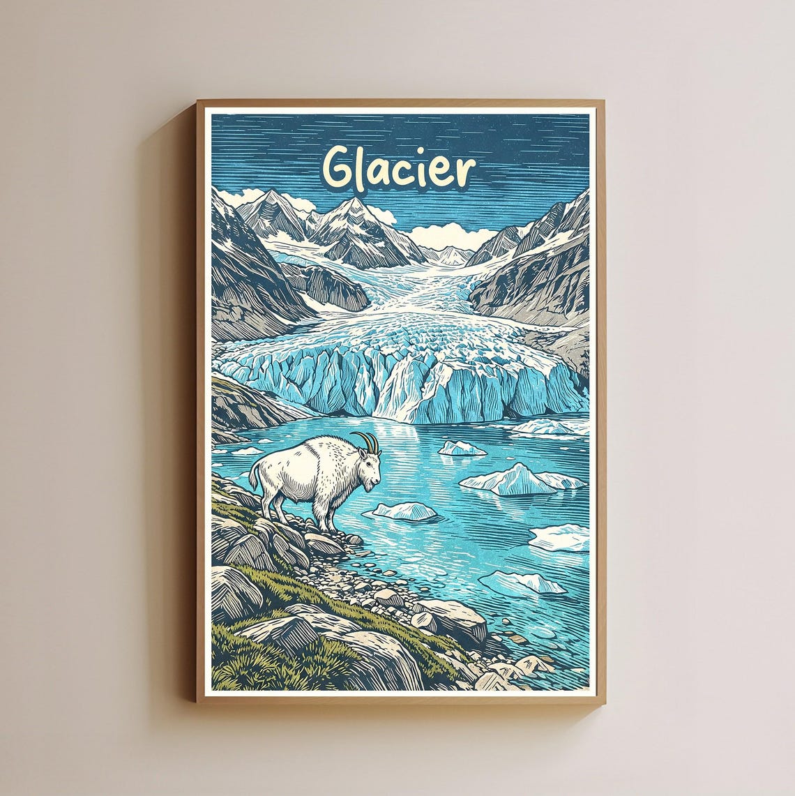 Glacier National Park Mountain Goat by Icy Lake Linocut Travel Poster