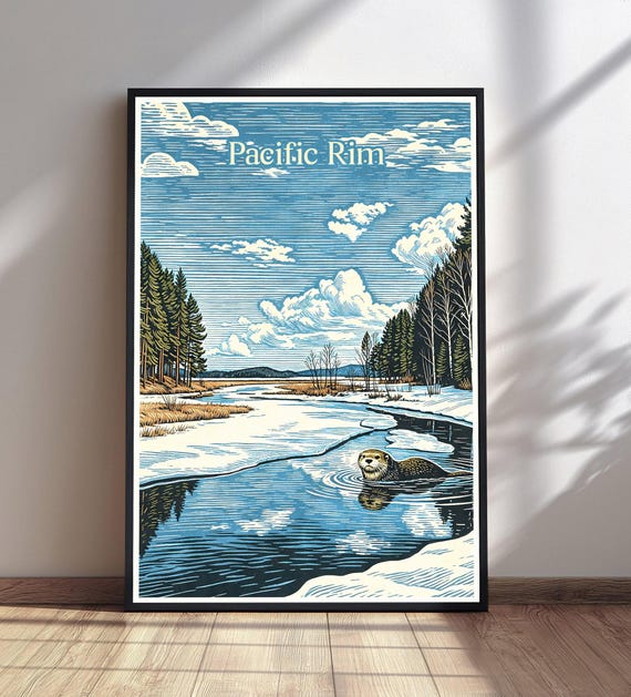 Pacific Rim National Park Print Vintage Otter Travel Poster Evergreen Mountain Wall Art Nature Decor
