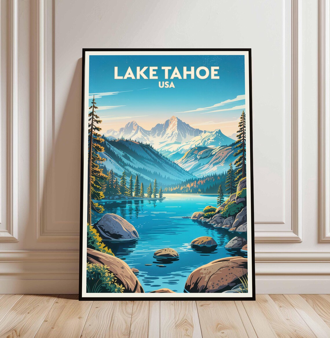 Lake Tahoe USA Vintage Travel Poster Blue Lake Pines Peaks Art