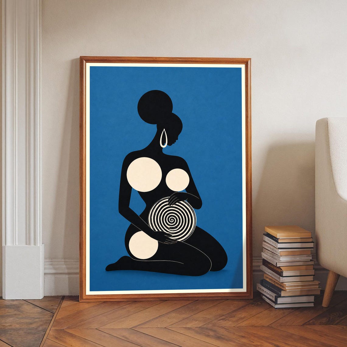 Abstract Woman Art Print Kneeling Silhouette Wall Blue Background Modern Minimalist Decor