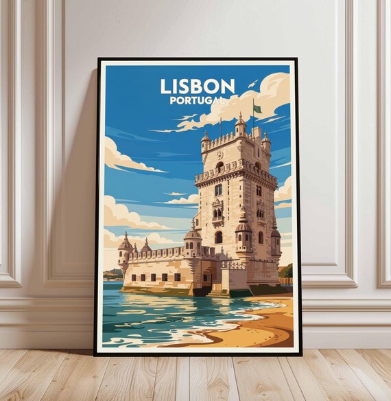 Lisbon Portugal Travel Belem Tower Europe Vintage Illustration Poster