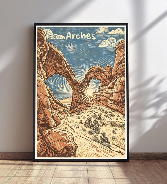 Arches National Park Print Vintage Travel Poster Parks Wall Art Desert Landscape Decor