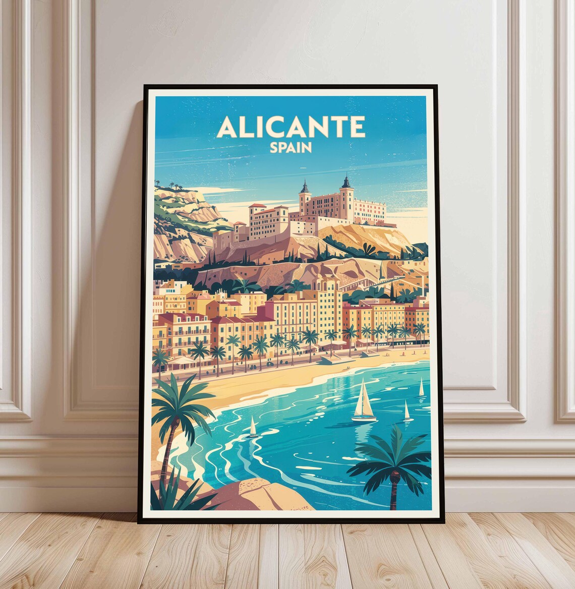 Alicante Spain Poster Castle Hill Beach Vintage Travel Wall Decor Art