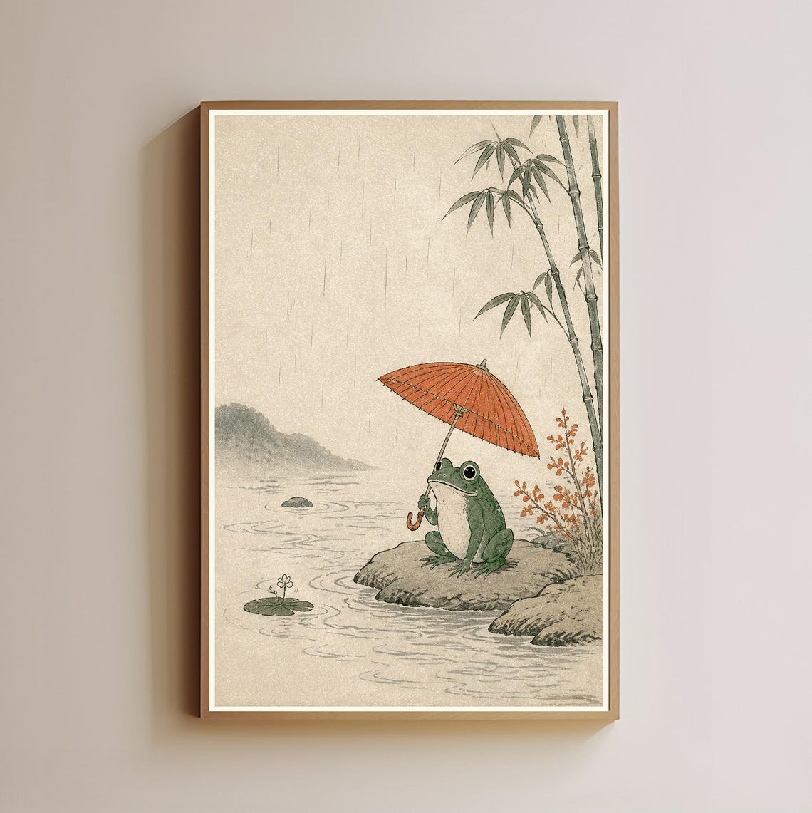 Japanese Frog with Red Umbrella Ukiyo-e Style Rainy Day Poster