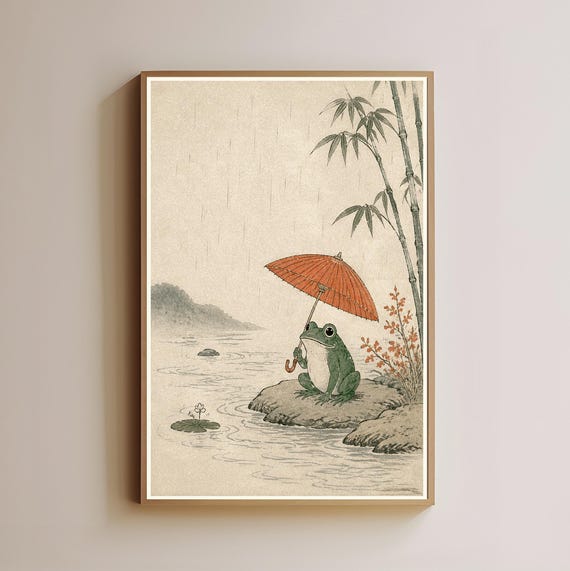 Japanese Frog Umbrella Print Ukiyoe Style Art Rainy Day Poster Wall Decor