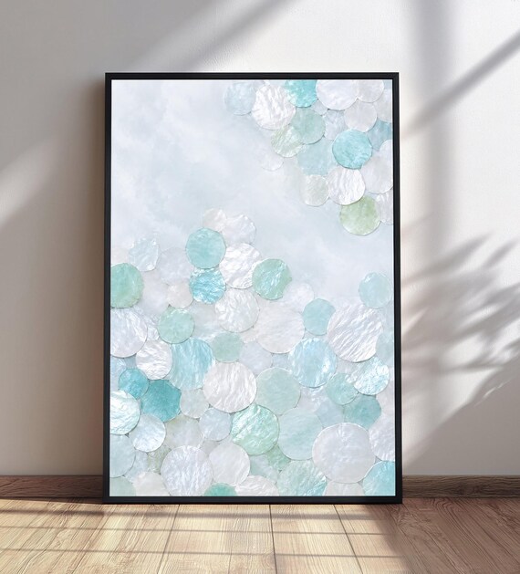 Abstract Circles Wall Art Motherofpearl Design Print Light Blue Green Decor Modern Shell Mosaic