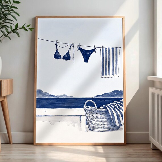 Bikini Clothesline Beach Watercolor Coastal Blue White Seaside Poster