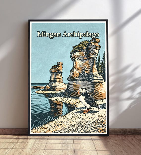 Mingan Archipelago Travel Poster Puffin Bird Wall Art Vintage Quebec Canada Print Coastal Nature Decor
