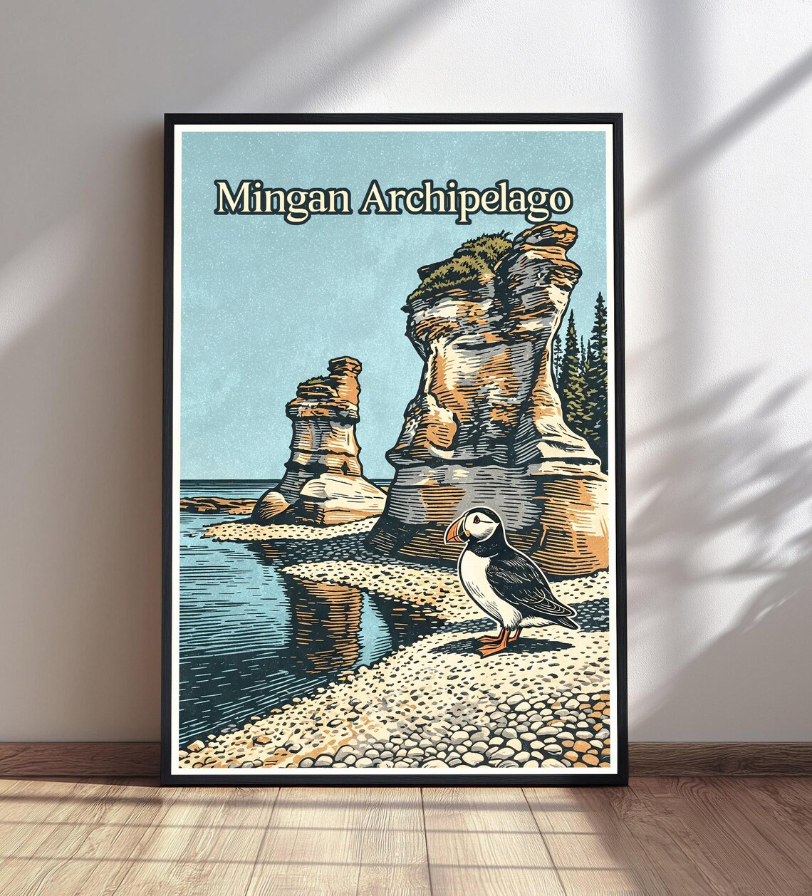 Mingan Archipelago Vintage Travel Poster with Puffin and Limestone Cliffs