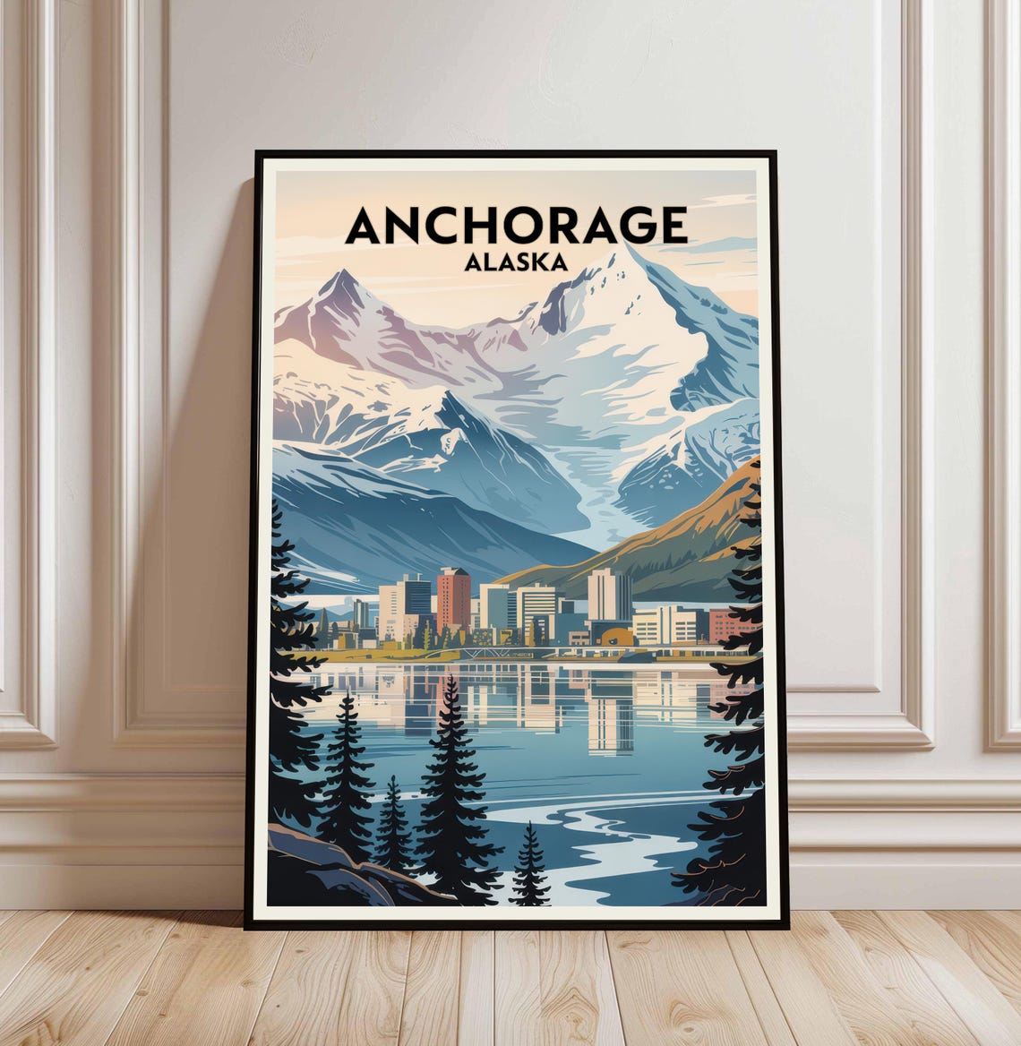 Anchorage Alaska Snowy Mountain Skyline Vintage Travel Poster