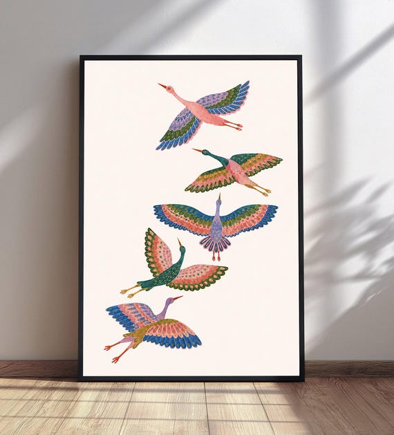 Colorful Birds Flying Art Print Stylized Bird Wall Modern Nature Decor Abstract Animal Illustration
