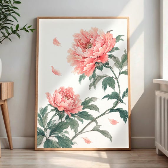 Pink Peony Wall Art Botanical Floral Watercolor Print Peonies Decor Cottagecore Flower Poster