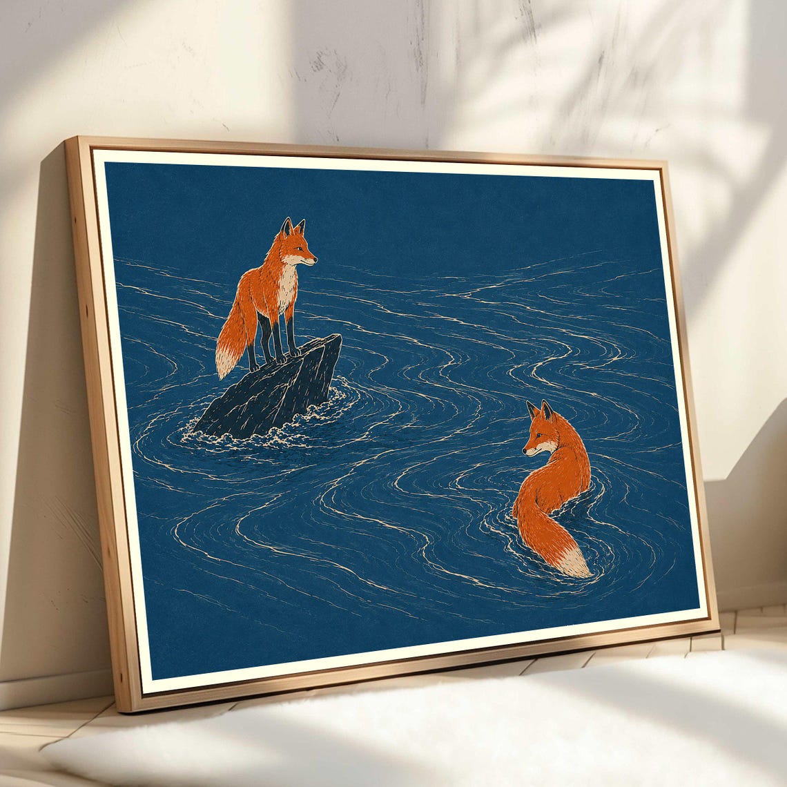 Two Red Foxes On Deep Blue Water Woodland Wildlife Illustration Poster