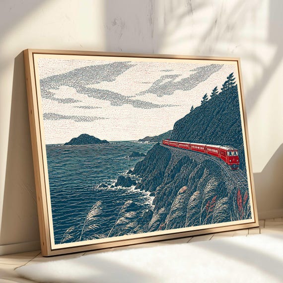 Japanese Mountain Train Print Alpine Landscape Wall Art Woodblock Style Decor Red Poster