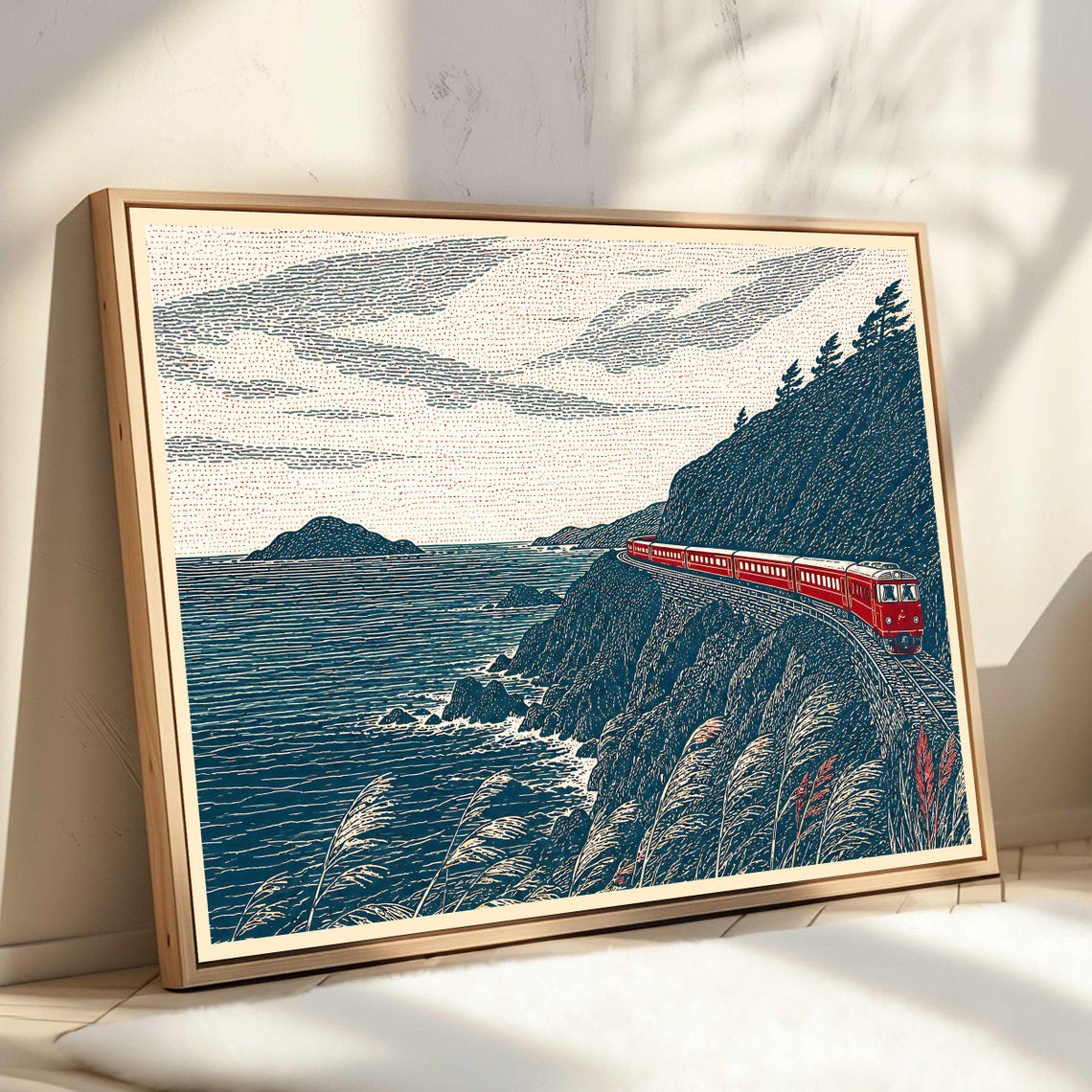 Red Train Coastal Cliffs Japanese Woodblock Style Art Poster