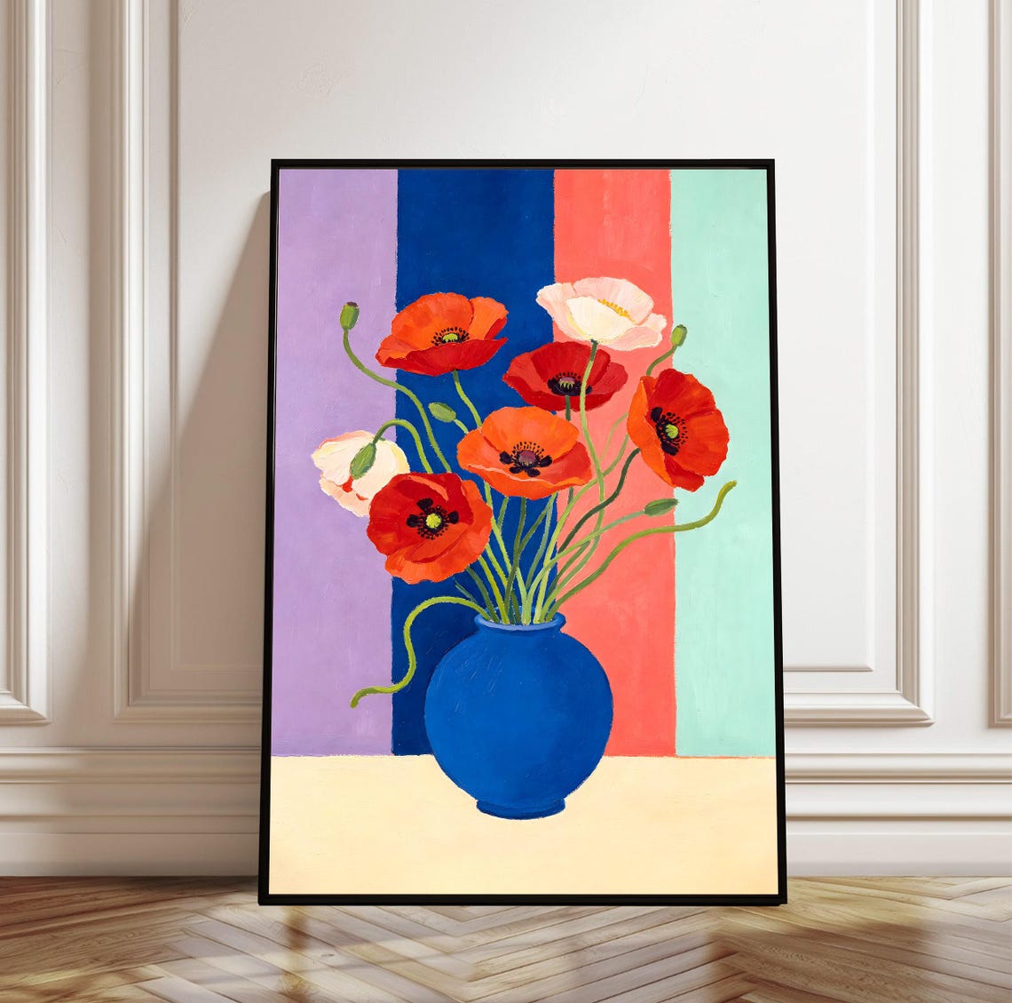 Red Poppies Blue Vase Colorful Striped Still Life Modern Poster