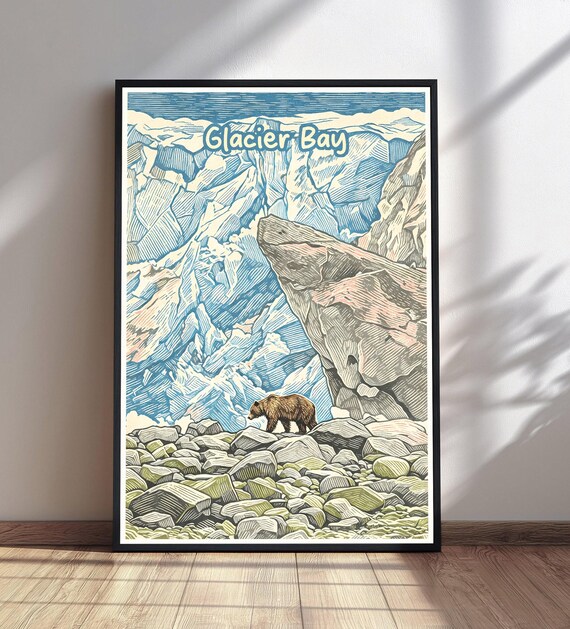 Glacier Bay Brown Bear On Rocks Vintage Alaska Travel Poster
