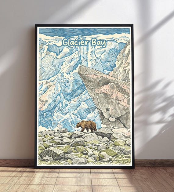 Glacier Bay National Park Poster Vintage Alaska Travel Print Bear Nature Wall Art Wildlife Decor
