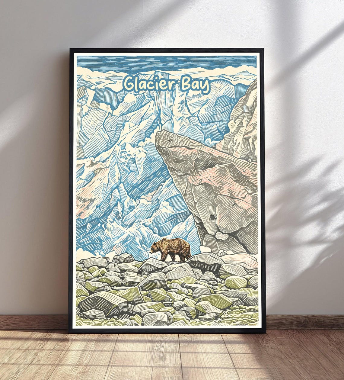 Glacier Bay Brown Bear On Rocks Vintage Alaska Travel Poster