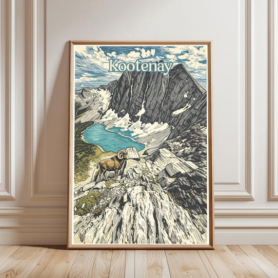 Kootenay National Park Print Bighorn Sheep Vintage Poster Rocky Mountain Wall Art Woodcut Style