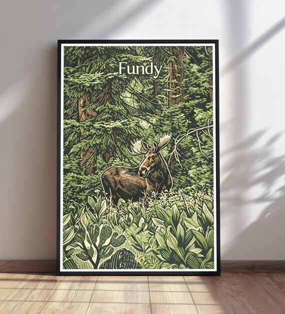 Fundy Moose in Evergreen Forest Vintage Travel Poster Canada