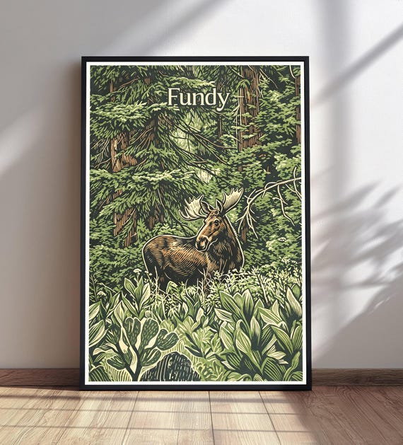 Fundy National Park Print Moose Forest Wall Art Vintage Travel Poster Nature Lover Gift