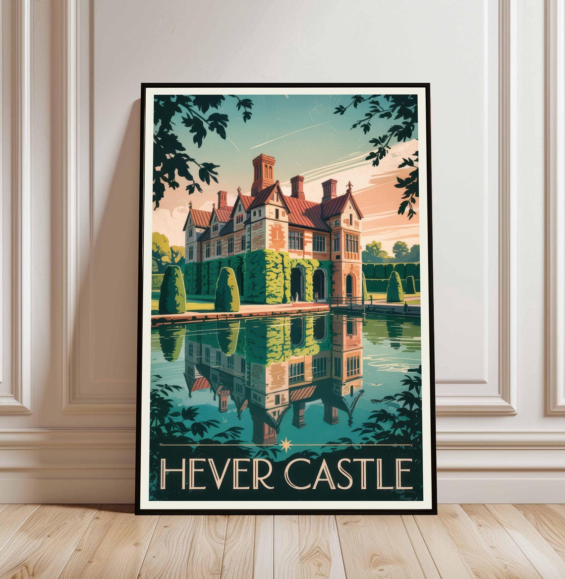 Hever Castle England Vintage Travel Poster Castle Reflection Artwork