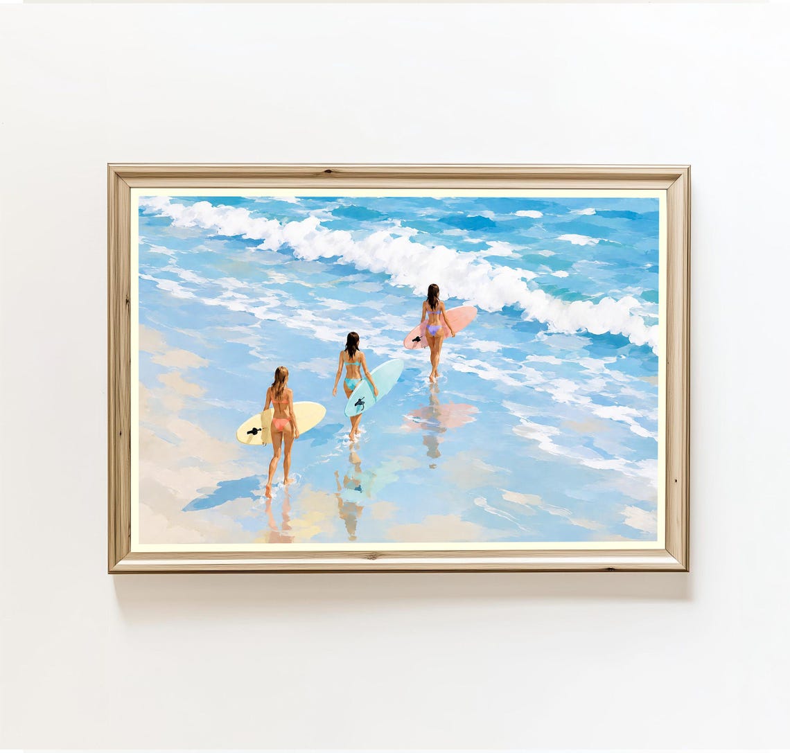 Three Women Surfers Walking Into Ocean Waves Beach Painting Poster