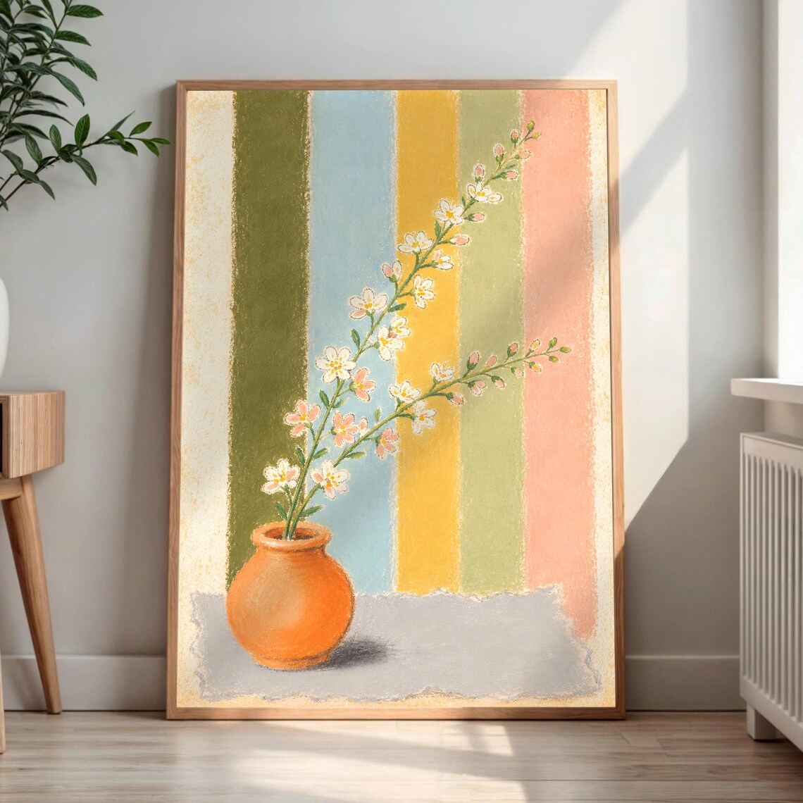 Terracotta Vase Blossom Branch Pastel Stripes Preppy Floral Poster