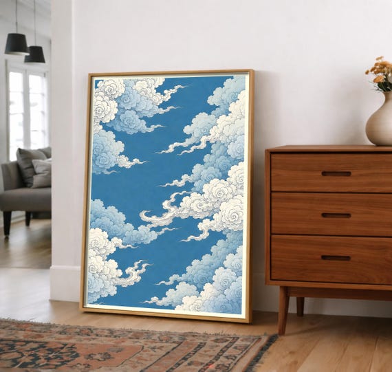 Japanese Clouds Wall Art Asian Sky Poster Traditional Print Ukiyoe Style Decor