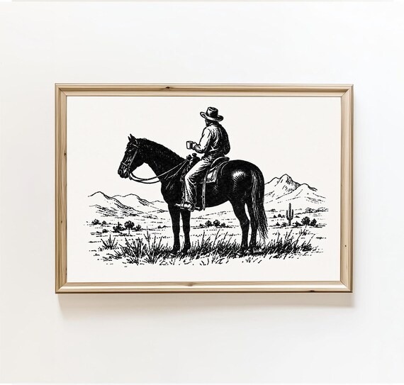 Black And White Cowboy On Horseback Desert Western Ranch Art Poster
