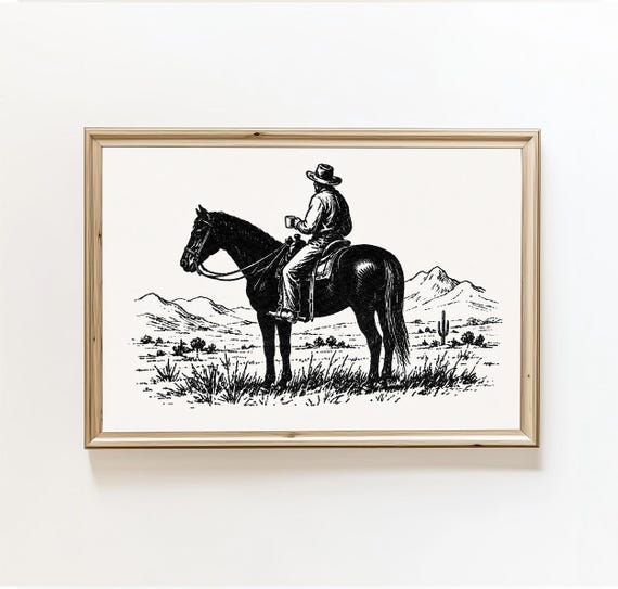 Cowboy On Horseback Wall Art Black And White Western Print Desert Landscape Decor Rustic Ranch Poster