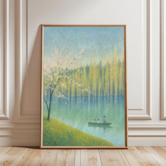 Japanese Willow Tree Print Serene Water Landscape Wall Art Weeping Nature Scene Oriental Painting