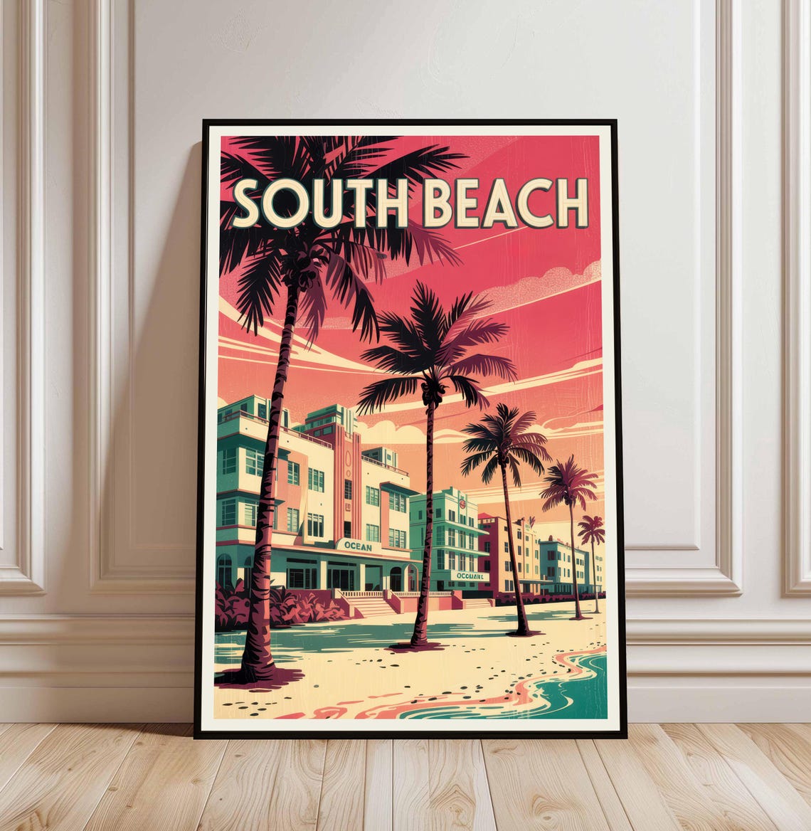 South Beach Miami Florida Vintage Travel Poster Palm Trees Art