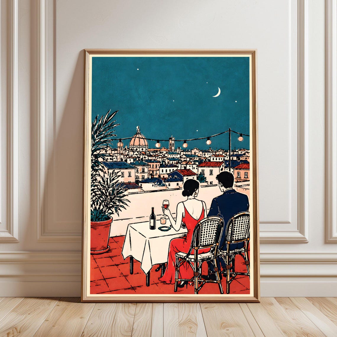 Romantic Rooftop Dinner European Old City Night Skyline Poster