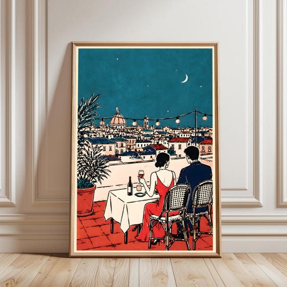 Romantic Rooftop Dinner Print European City Travel Poster Couple Wall Art Night Cityscape Decor