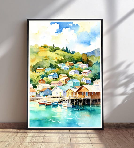 Coastal Village Watercolor Print Vibrant Landscape Painting Harbor Boats Wall Art