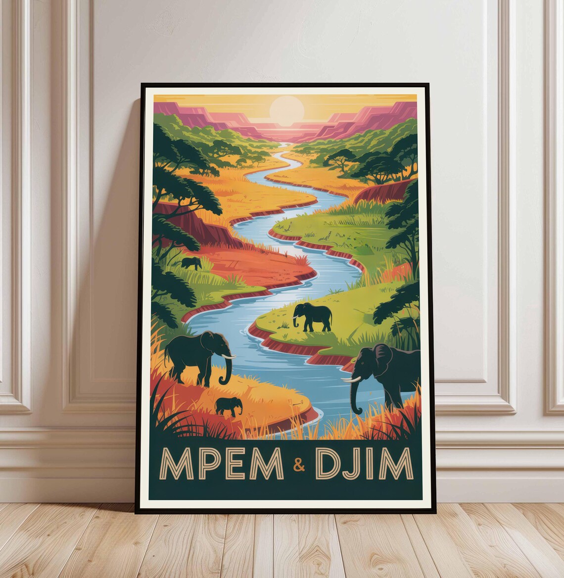 Mpem And Djim Safari Travel Poster Elephants River Sunset Vintage Art