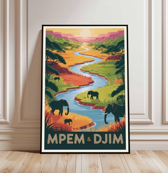 Mpem And Djim Safari Travel Poster Elephants River Sunset Vintage Art