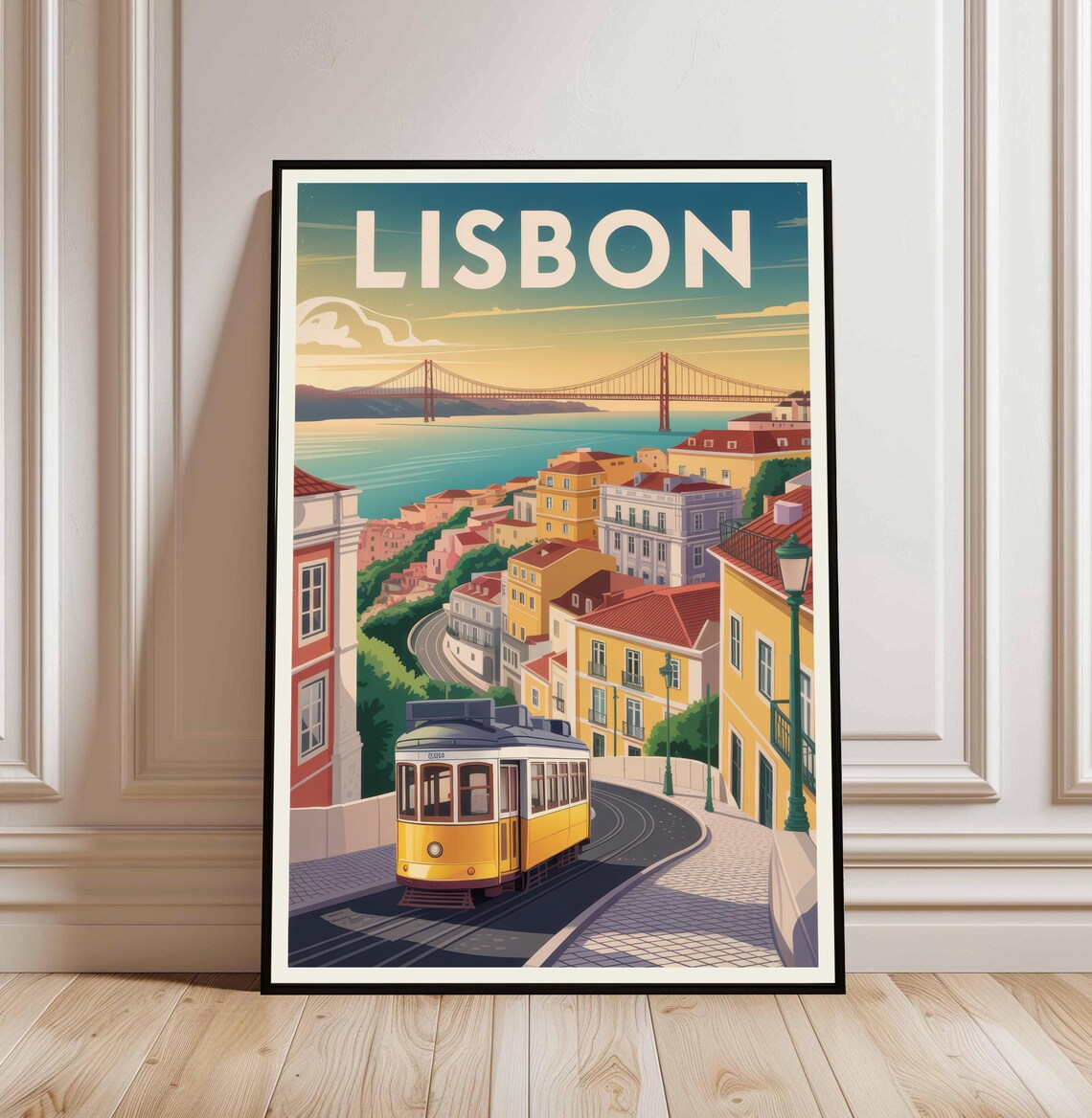 Lisbon Portugal Vintage Travel Yellow Tram Bridge Scene Art Poster