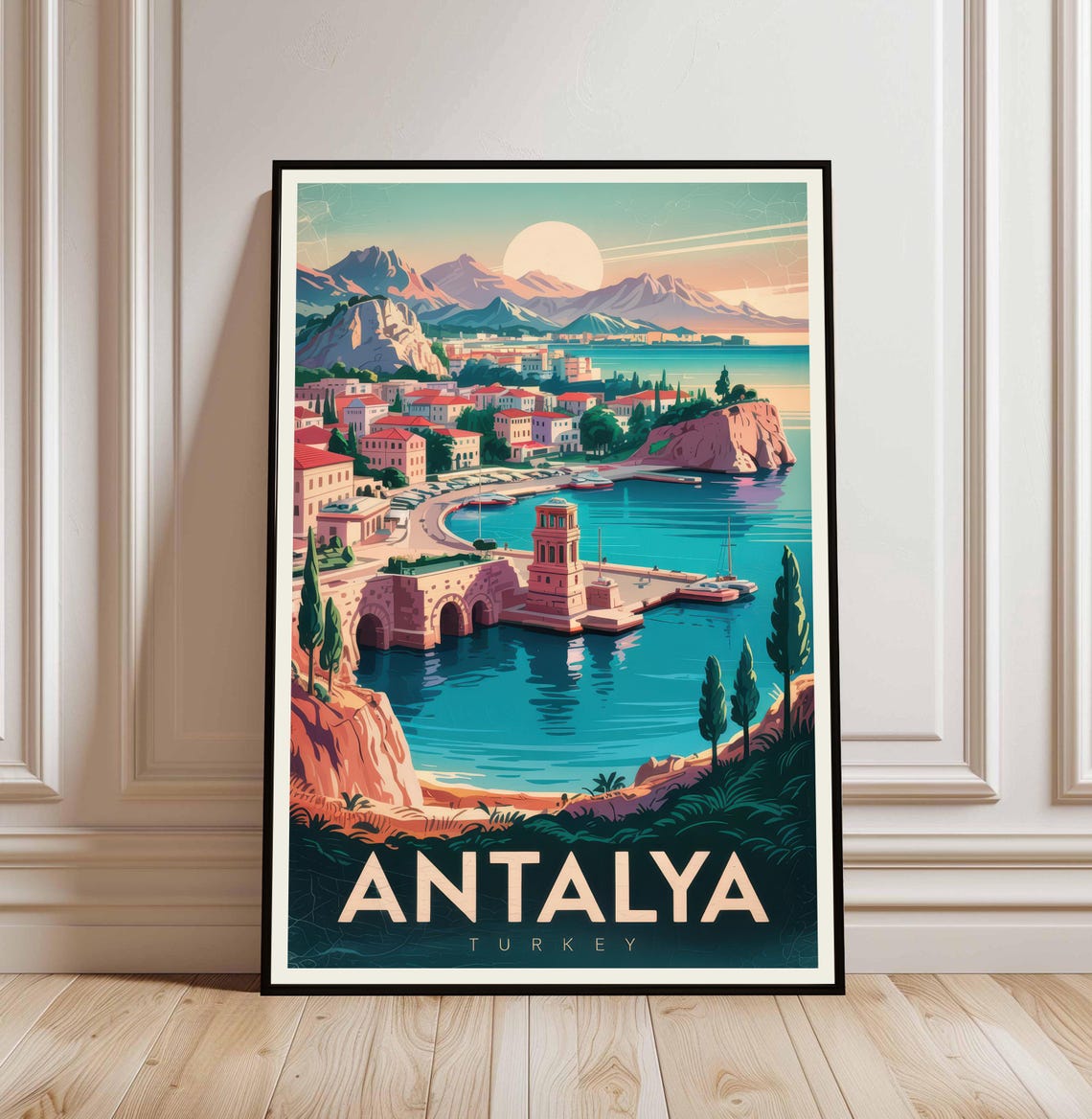 Antalya Turkey Coastal Harbor Vintage Travel Poster Sunset Glow
